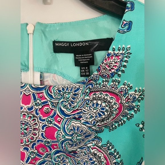 Maggy London Medallion Print Cotton Dress geometric Paisley Colorful Aqua Size 8 - Picture 2 of 8